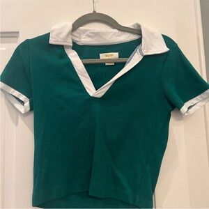 Anthropologie Teal and White V-Neck Short Sleeve Top